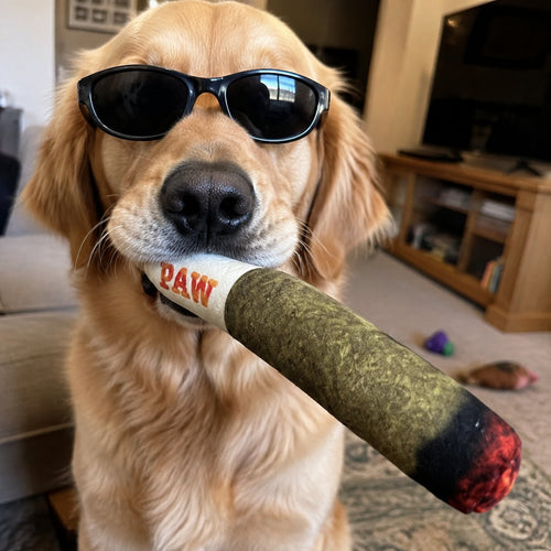 Golden retriever in sunglasses holding the PuffPup Squeaker