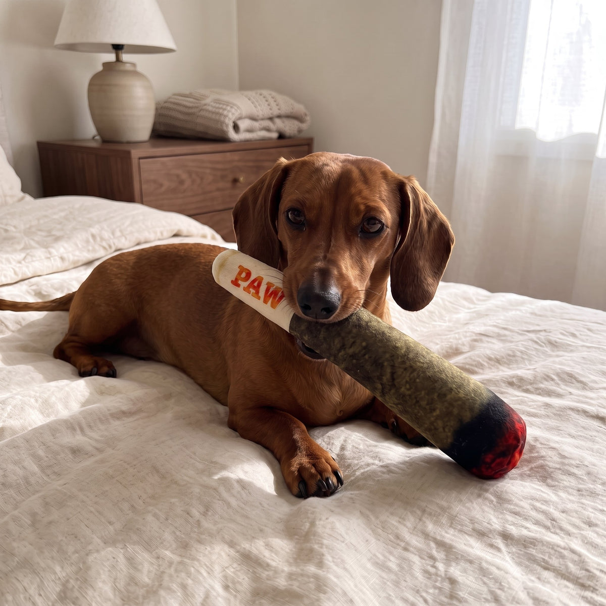 Dachshund on a bed chewing the PuffPup Squeaker